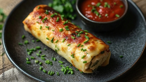 A single cannelloni tube on a small plate, garnished with chives and served with a tiny bowl of marinara sauce