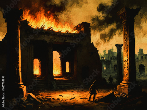 Die zerstörten Ruinen eines antiken Tempels im Feuer, während der Sonnenuntergang die Szenerie dramatisch beleuchtet