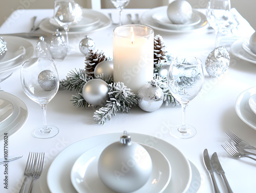 A pristine white table elegantly arranged with a candle centerpiece surrounded by silver ornaments. A white plate with neatly placed silverware and decorative silver balls completes the sophisticated  photo