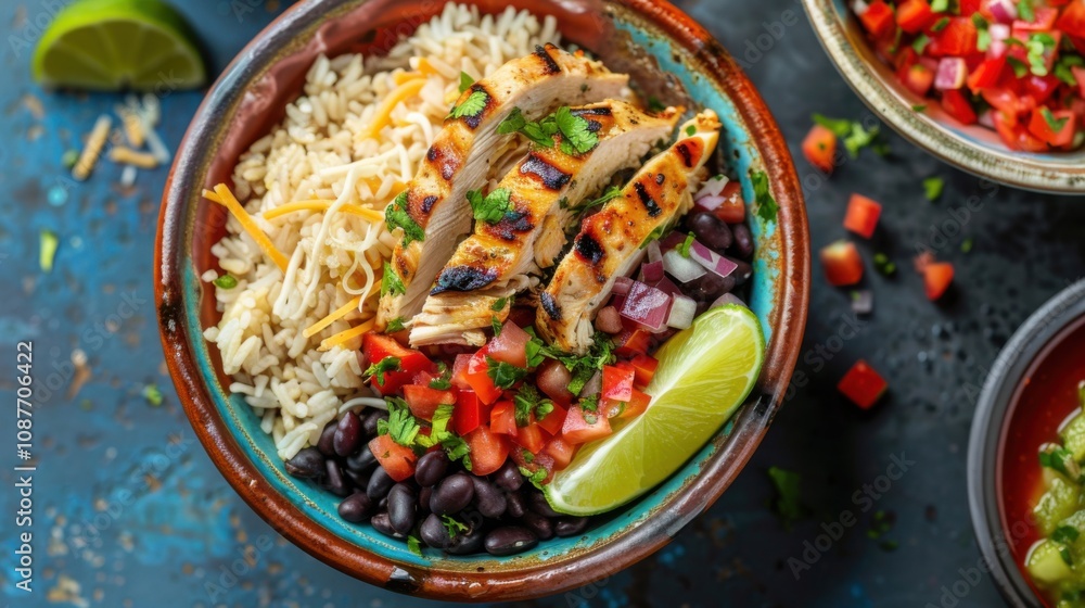 A hearty burrito bowl with rice, black beans A hearty burrito bowl with rice, black beans
