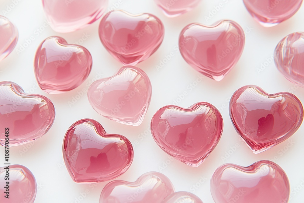 Pink glass hearts on a white background, a Valentine's Day theme with a pink color scheme, celebration and romantic concept, valentine`s day, copy space for text Pink glass hearts on a white background, a Valentine's Day theme with a pink color scheme, celebration and romantic concept, valentine`s day, copy space for text