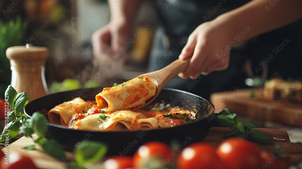 Cannelloni being served with a wooden spoon, with a soft focus on a rustic kitchen background Cannelloni being served with a wooden spoon, with a soft focus on a rustic kitchen background