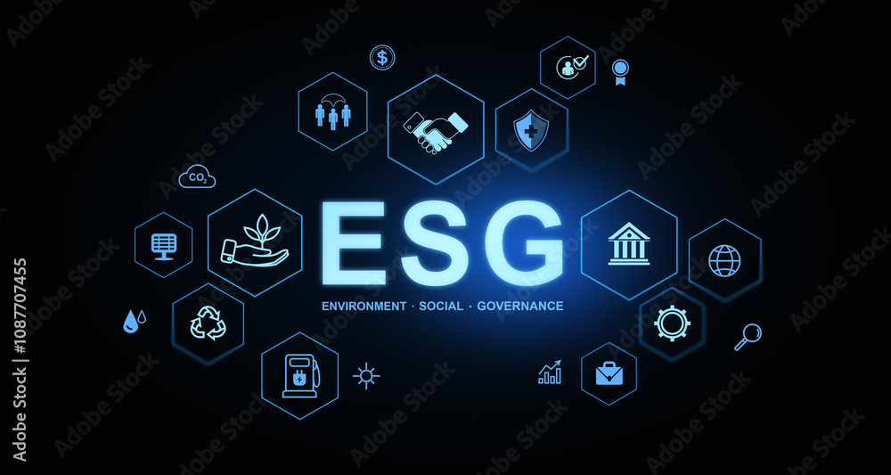 ESG concept with glowing icons representing environment, social, governance on dark background. Concept of sustainability. 3D Rendering ESG concept with glowing icons representing environment, social, governance on dark background. Concept of sustainability. 3D Rendering