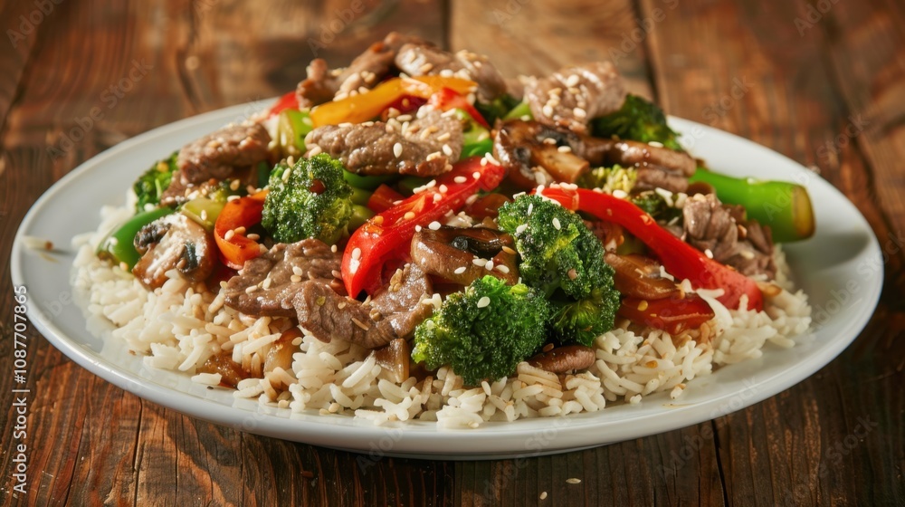 A hearty plate of beef stir-fry with broccoli, bell peppers A hearty plate of beef stir-fry with broccoli, bell peppers