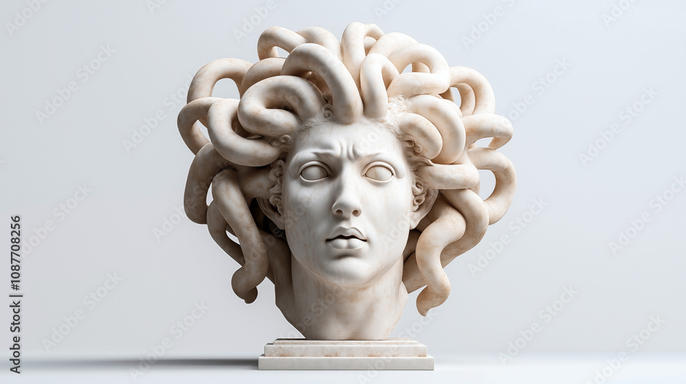 Obraz premium Marble sculpture of Medusa with serpent hair and a marble pedestal, displaying detailed facial features and classical style.