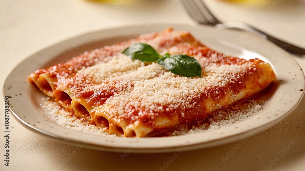Cannelloni topped with Parmesan cheese, served on a ceramic plate with a fork, isolated on a beige textured background Cannelloni topped with Parmesan cheese, served on a ceramic plate with a fork, isolated on a beige textured background
