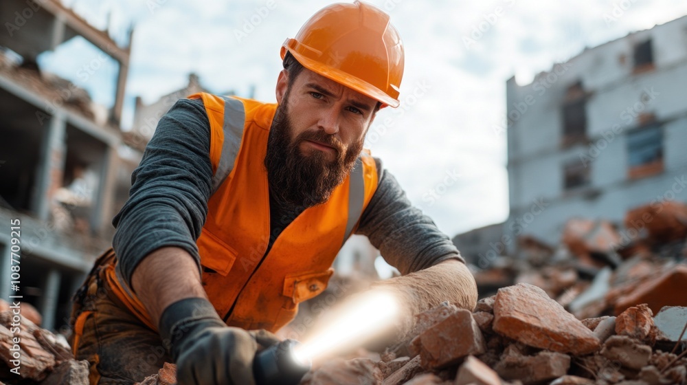 hardworking construction worker, wearing an orange helmet and vest, uses a flashlight to sift through debris at a demolition site, showcasing determination and effort in the task hardworking construction worker, wearing an orange helmet and vest, uses a flashlight to sift through debris at a demolition site, showcasing determination and effort in the task