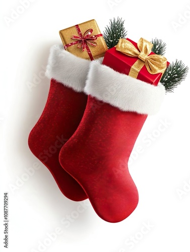 Red Christmas stockings with presents inside isolated on white background