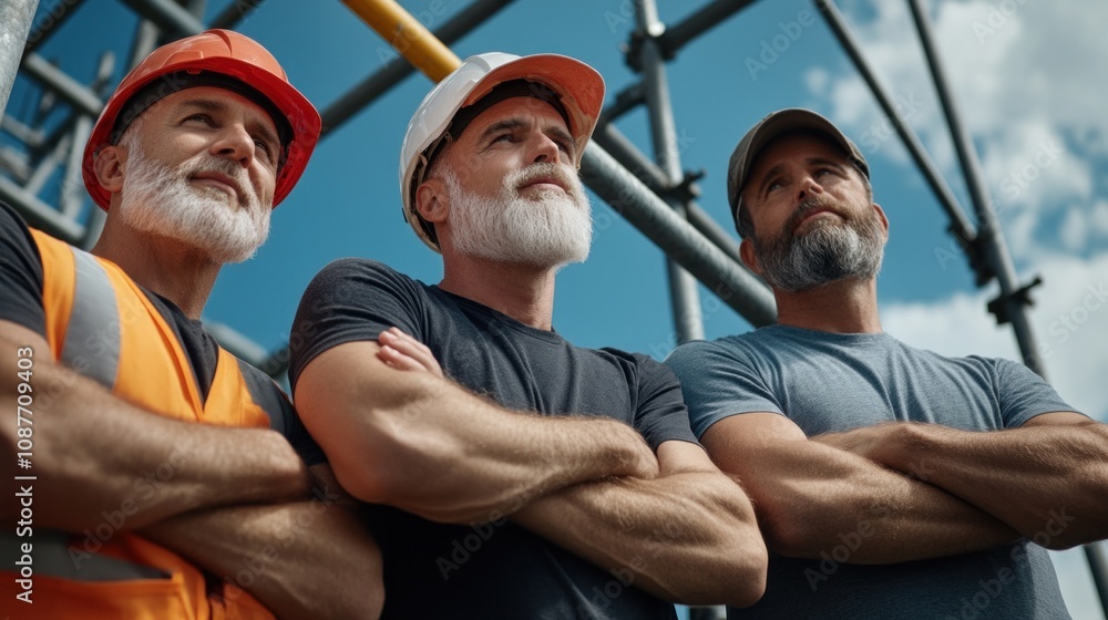 Obraz premium Three experienced workers display teamwork and confidence while standing with arms crossed at a construction site, showcasing their dedication to the project and camaraderie