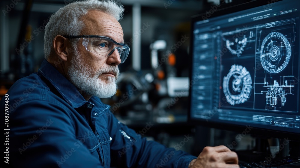 A senior engineer with gray hair and glasses focuses on intricate digital designs at a computer in a high-tech workspace filled with advanced equipment A senior engineer with gray hair and glasses focuses on intricate digital designs at a computer in a high-tech workspace filled with advanced equipment