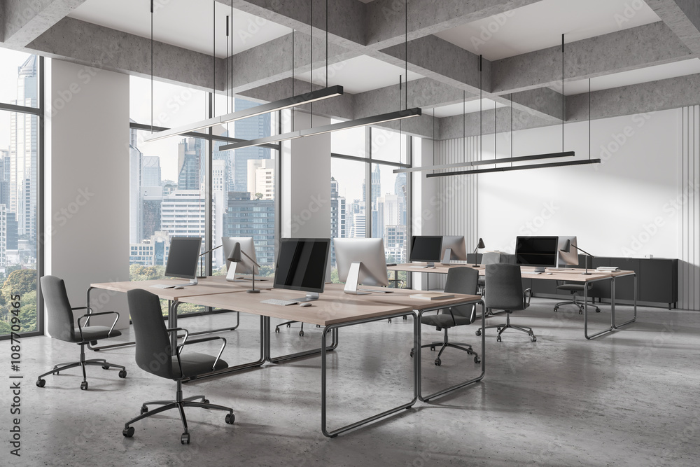 Fototapeta premium Spacious modern office interior with large windows and cityscape view. Open space layout with desks and chairs. Concept of business. 3D Rendering