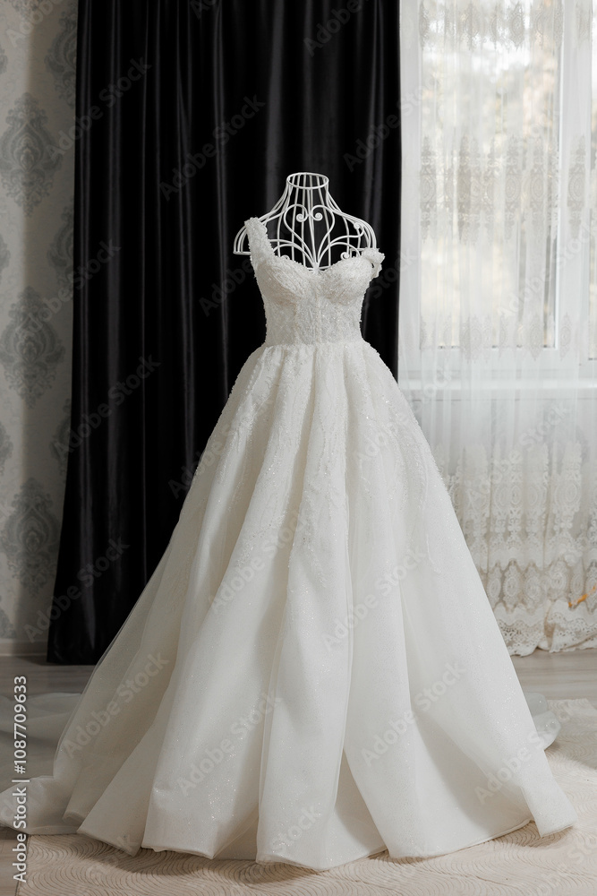 A white dress with a lot of sparkles on it is hanging on a mannequin. The dress is long and flowing, giving off a sense of elegance and sophistication. The mannequin is positioned in front of a window A white dress with a lot of sparkles on it is hanging on a mannequin. The dress is long and flowing, giving off a sense of elegance and sophistication. The mannequin is positioned in front of a window