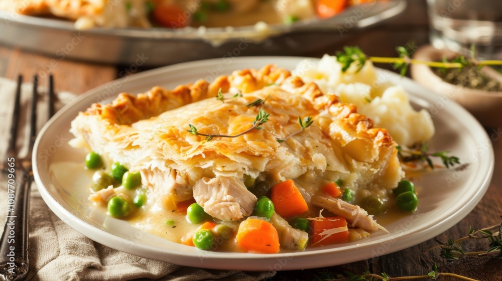 A hearty plate of chicken pot pie with tender chunks of chicken, carrots A hearty plate of chicken pot pie with tender chunks of chicken, carrots