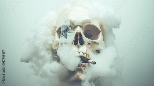 A haunting image of a skull with smoke rising from its hollow eyes and a lit cigarette gripped between its jaws.