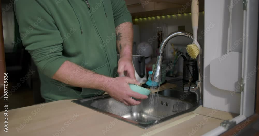 Hands washing a teal bowl under running water at a kitchen sink, focus on cleaning and daily household chores in a cozy home setting Hands washing a teal bowl under running water at a kitchen sink, focus on cleaning and daily household chores in a cozy home setting
