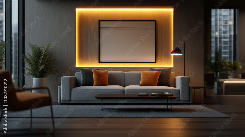 Modern living room with gray sofa and orange pillows, framed artwork with backlight, floor lamp, and plants by large windows. Modern living room with gray sofa and orange pillows, framed artwork with backlight, floor lamp, and plants by large windows.