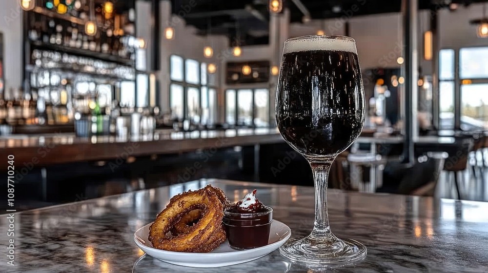 A lager served with crispy onion rings and a side of dipping sauce, capturing a casual dining vibe. A lager served with crispy onion rings and a side of dipping sauce, capturing a casual dining vibe.