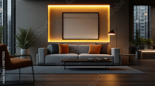 Modern living room with gray sofa and orange pillows, framed artwork with backlight, floor lamp, and plants by large windows.