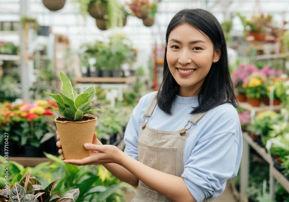 Smiling young asian woman working in a greenhouse holding a potted plant Smiling young asian woman working in a greenhouse holding a potted plant