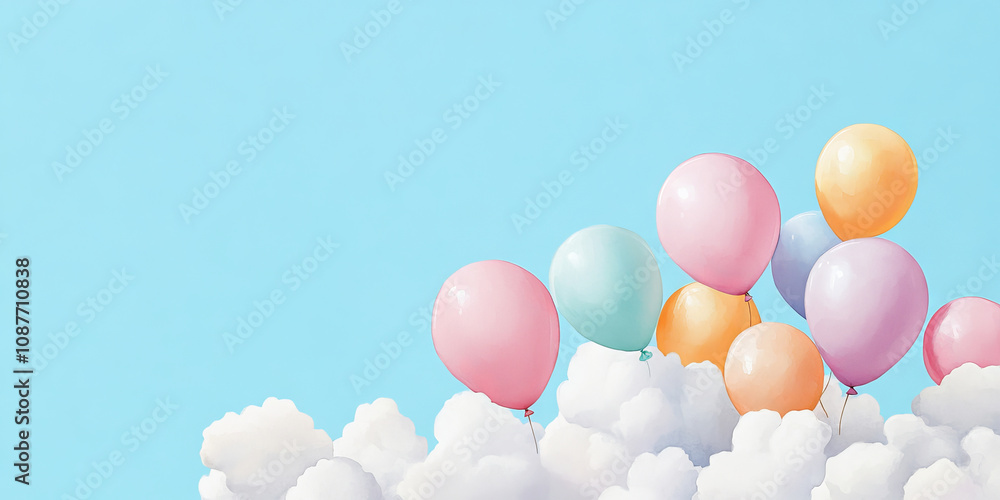 Colorful balloons float above fluffy clouds in clear blue sky Colorful balloons float above fluffy clouds in clear blue sky