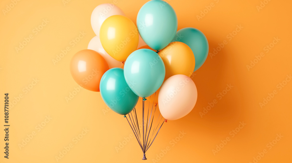 Colorful group of helium balloons against a vibrant orange background, featuring shades of teal, yellow, and orange