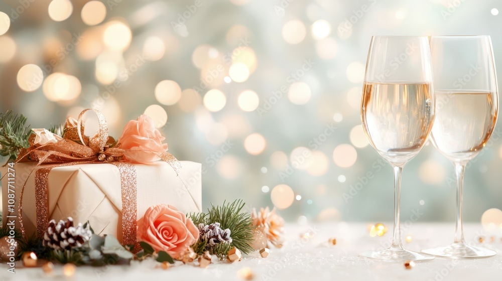 A beautifully arranged gift box adorned with flowers beside two elegant champagne glasses, set against a soft, sparkling background. A beautifully arranged gift box adorned with flowers beside two elegant champagne glasses, set against a soft, sparkling background.
