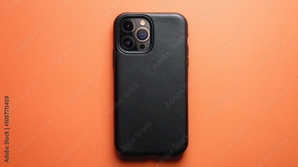 Fototapeta premium Stylish Top View of a Black Leather Phone Case Perfect for Product Advertising and E-Commerce Platforms