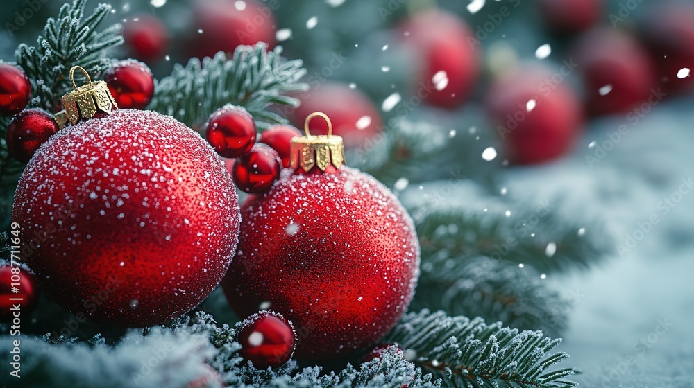 Red Christmas Ornaments Resting on a Snowy Branch Red Christmas Ornaments Resting on a Snowy Branch
