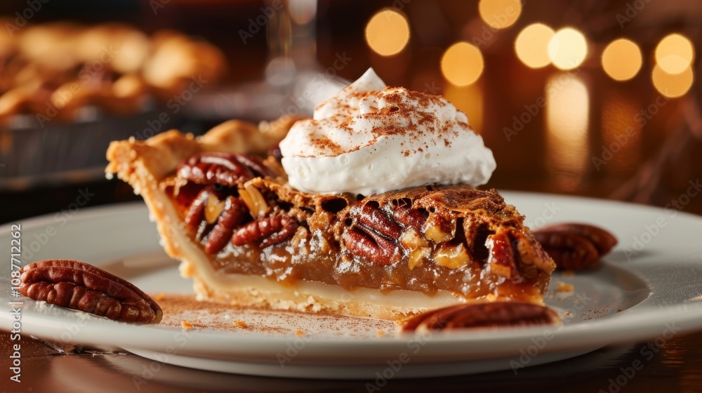 A heavenly slice of pecan pie with a buttery crust, served with a dollop of whipped cream and a sprinkle of cinnamon