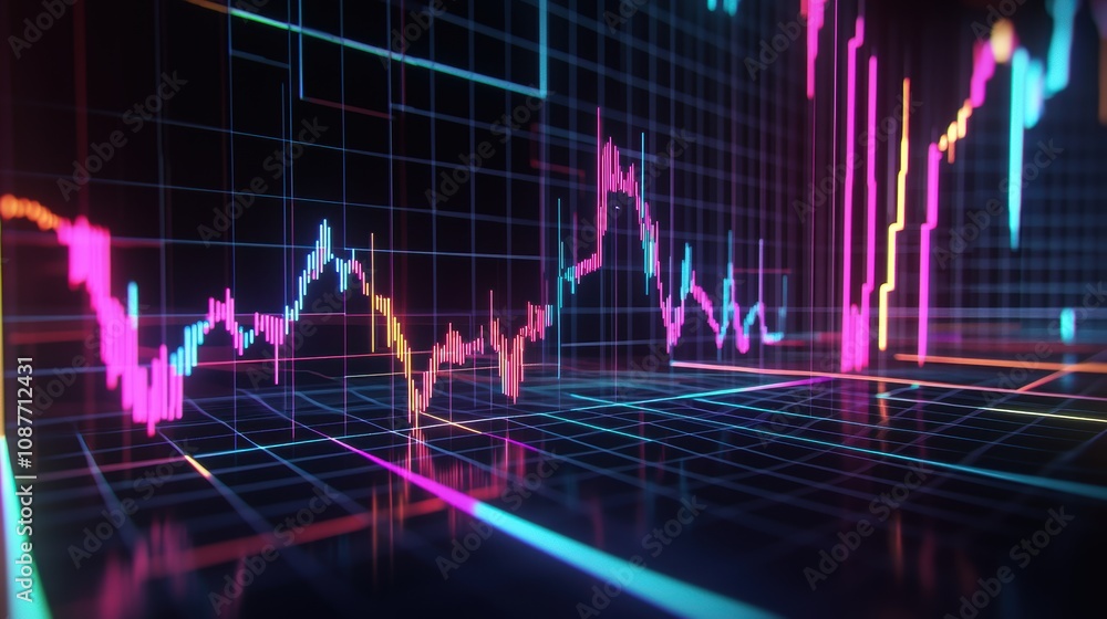 Fototapeta premium Futuristic 3D Line Graph Illustrating 2024 Tech Market Trends for Finance Visualization