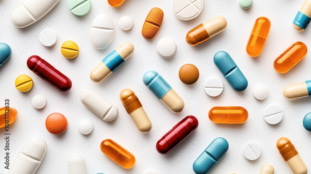 Various colorful pills and capsules scattered on a white surface, showcasing a diverse arrangement of pharmaceutical tablets and medications. Various colorful pills and capsules scattered on a white surface, showcasing a diverse arrangement of pharmaceutical tablets and medications.