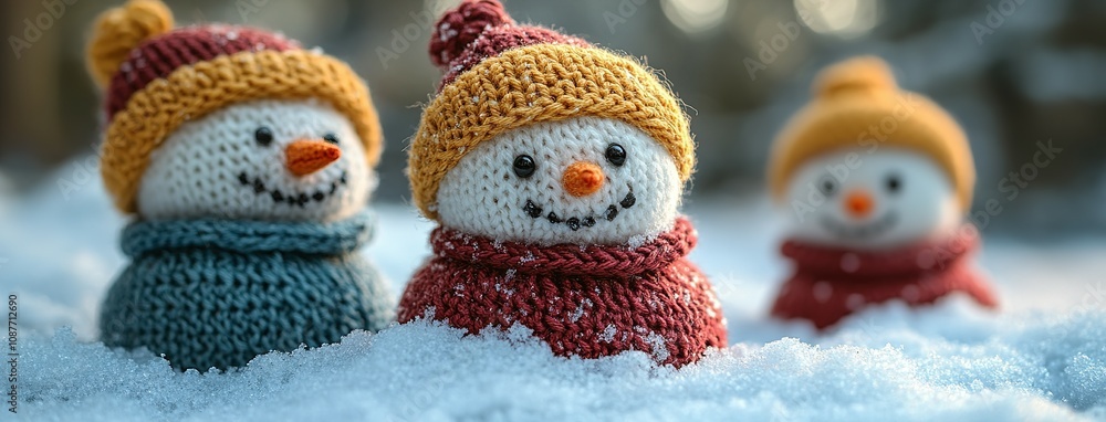 Obraz premium Three Knitted Snowmen In The Winter Snow
