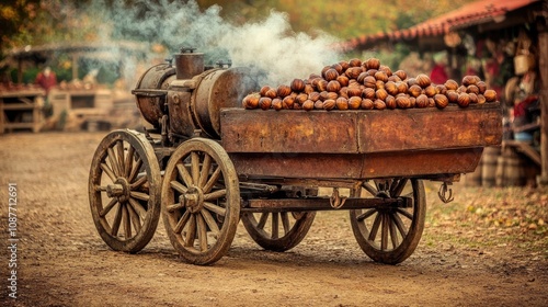 A rustic cart filled with steaming roasted chestnuts, surrounded by festive market decorations.