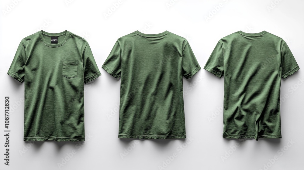Olive T-Shirt Mockup Front Back Side Views. Generative AI Olive T-Shirt Mockup Front Back Side Views. Generative AI