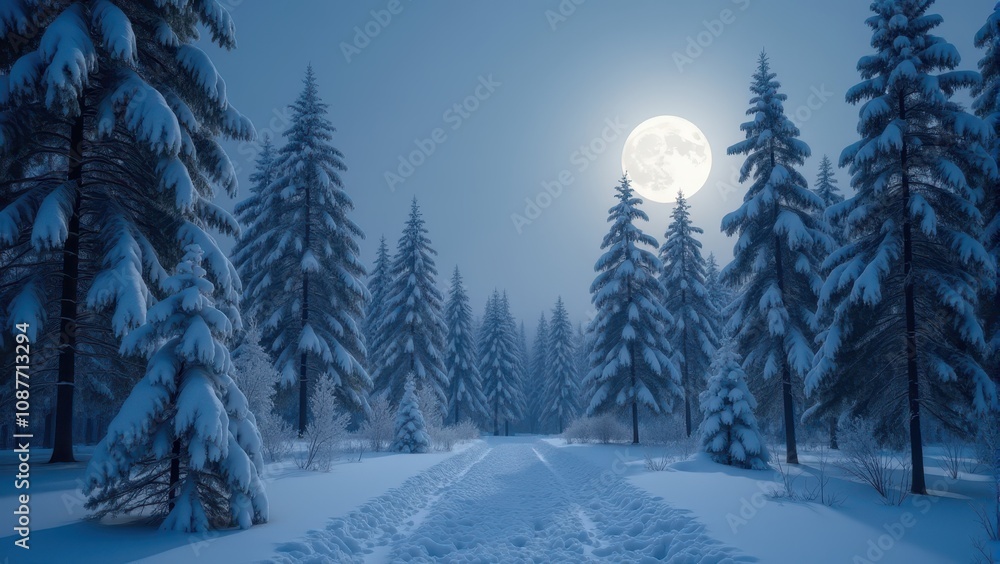 Snow-covered landscape with tall pines and a glowing full moon on a serene winter night Snow-covered landscape with tall pines and a glowing full moon on a serene winter night