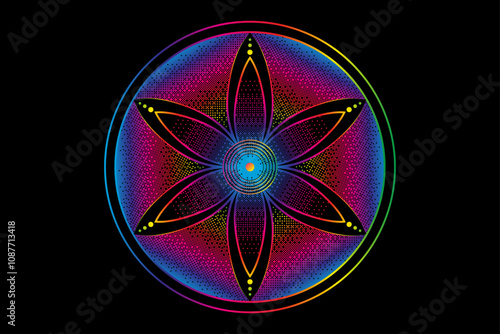 Seed Flower of life lotus icon, logo mandala sacred geometry, Pixel art design, light spectrum symbol of harmony and balance. Mystical talisman, vector round design isolated on black background