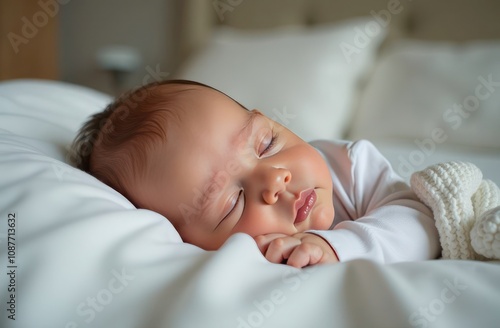 Adorable sleeping baby rests peacefully on soft, cozy bedding