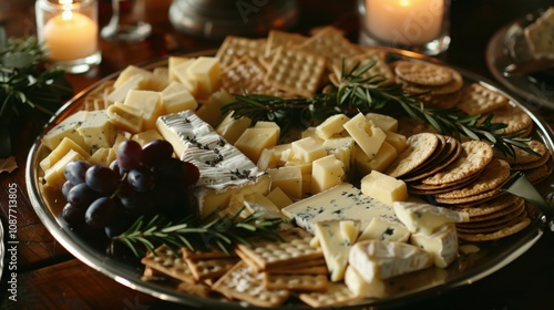 A lavish cheese platter adorned with an assortment of aged cheddar, creamy brie