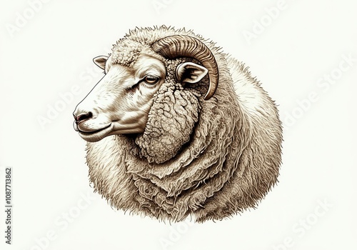 Sepia toned illustration of an adult merino sheep with large curled horns facing left on a white background photo