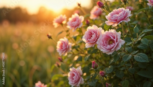 Beautiful wild roses blooming in a sunny meadow at sunset