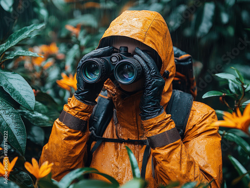 Explorer in Raincoat Observing Jungle Wildlife
 photo