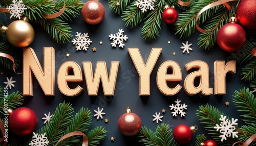 Festive New Year text surrounded by pine branches, red and gold ornaments, ribbons, and snowflakes on a dark background