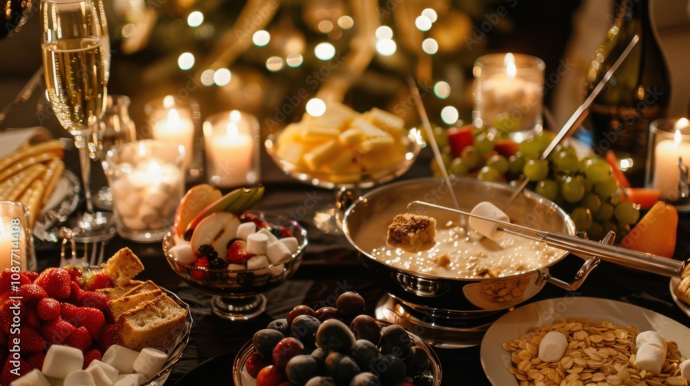 A lavish dessert fondue spread featuring a variety of fruits, marshmallows A lavish dessert fondue spread featuring a variety of fruits, marshmallows