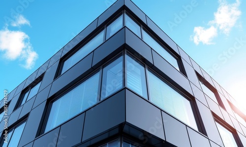 Graphite facade and large windows on a fragment of an office building against a blue sky. Modern aluminum cladding facade with windows, Generative AI