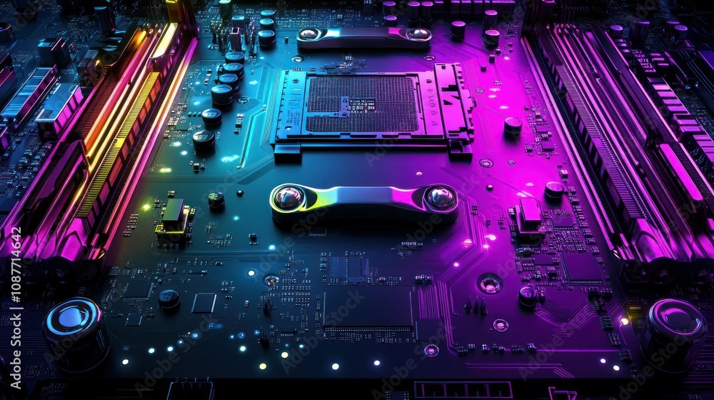 Obraz premium Background motherboard circuit neon rainbow glowing futuristic technology wallpaper AI generated image