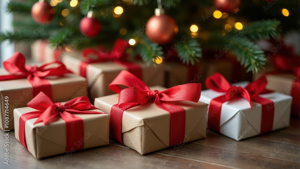 Beautifully wrapped gifts with red bows sit under a glowing Christmas tree adorned with sparkling ornaments, creating a festive holiday scene Beautifully wrapped gifts with red bows sit under a glowing Christmas tree adorned with sparkling ornaments, creating a festive holiday scene