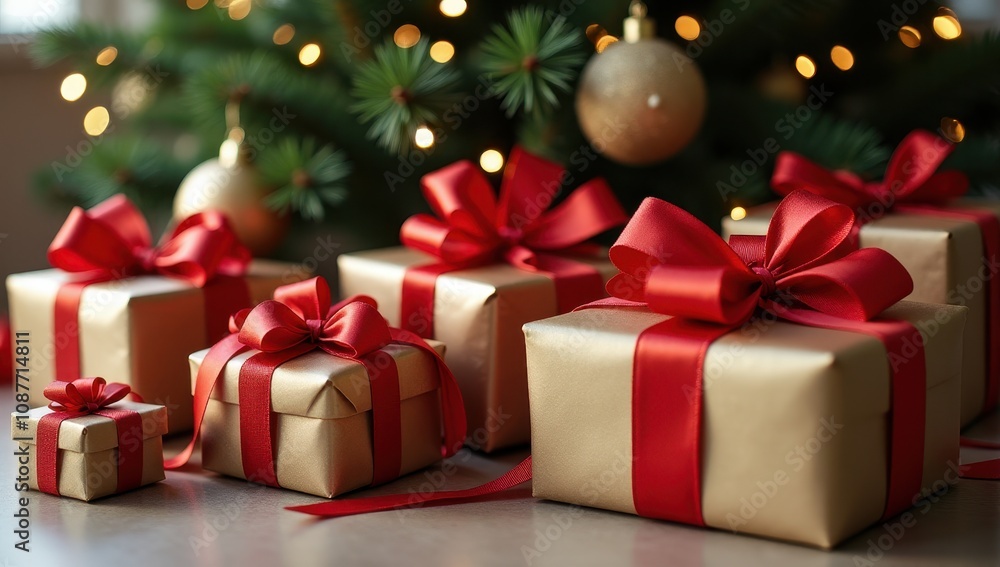 Christmas presents wrapped in gold paper with red ribbons are beautifully arranged in front of a lit Christmas tree Christmas presents wrapped in gold paper with red ribbons are beautifully arranged in front of a lit Christmas tree
