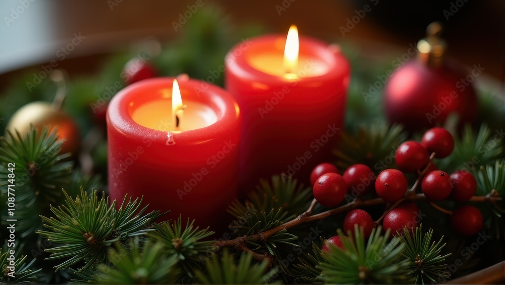Lit red candles surrounded by evergreen branches and berries, creating a cozy holiday atmosphere Lit red candles surrounded by evergreen branches and berries, creating a cozy holiday atmosphere