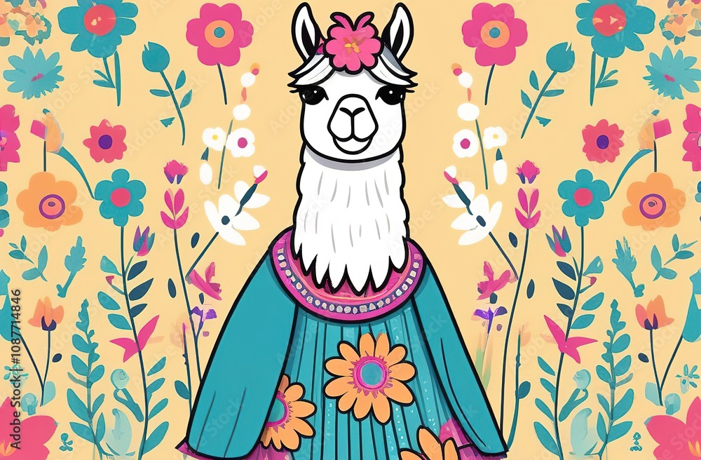 Naklejka premium Llama. Wall sticker in the form of a colorful, artistic portrait of a llama on a white background with splashes of watercolor.