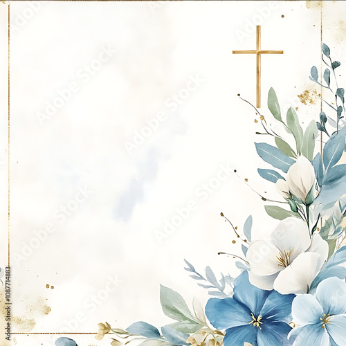 babtism invitation template with a minimalist style golden and blue colours decent cross on the top right corner minimalistic flowers with greenery leafy border in aspe